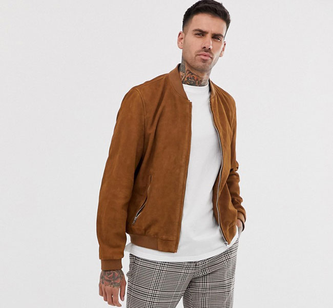 ASOS classic suede bomber jacket in tan