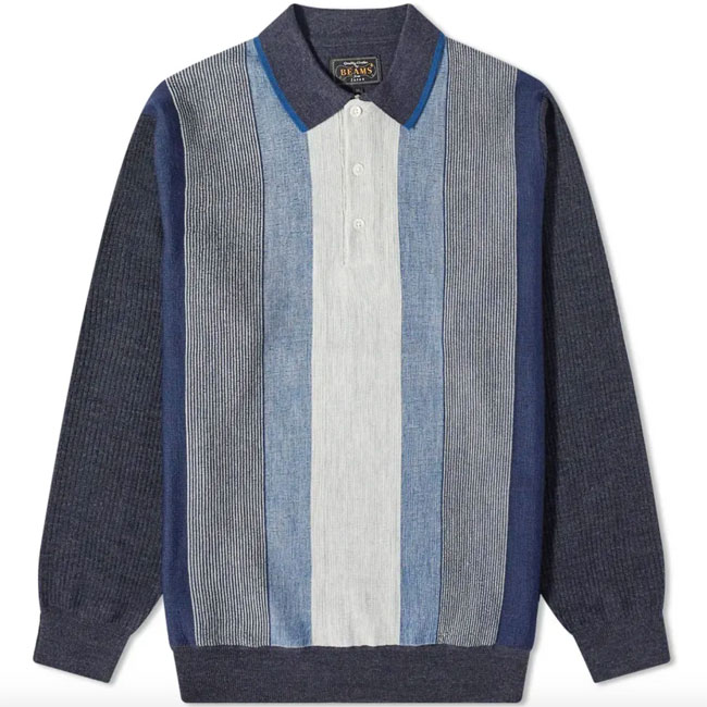 Beams Plus long-sleeve stripe knit polo shirt