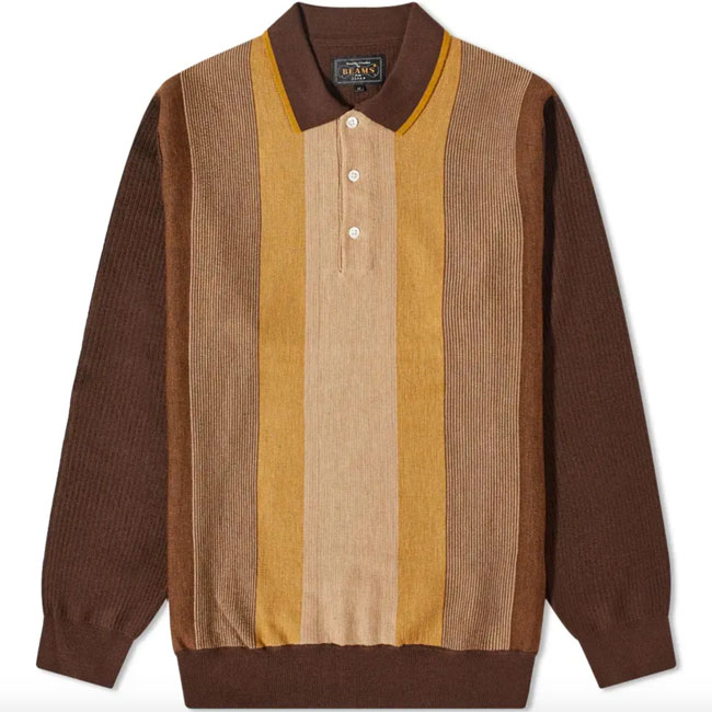 Beams Plus long-sleeve stripe knit polo shirt