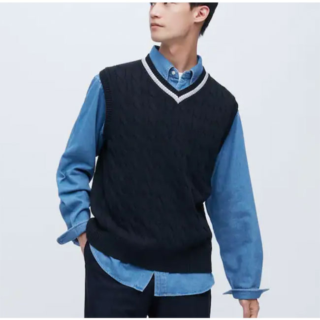Budget cable knit tennis sweaters at Uniqlo