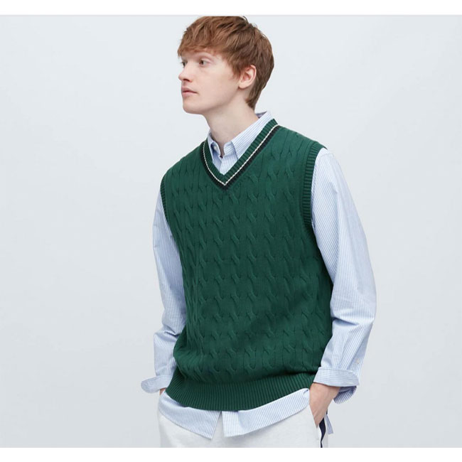 Budget cable knit tennis sweaters at Uniqlo